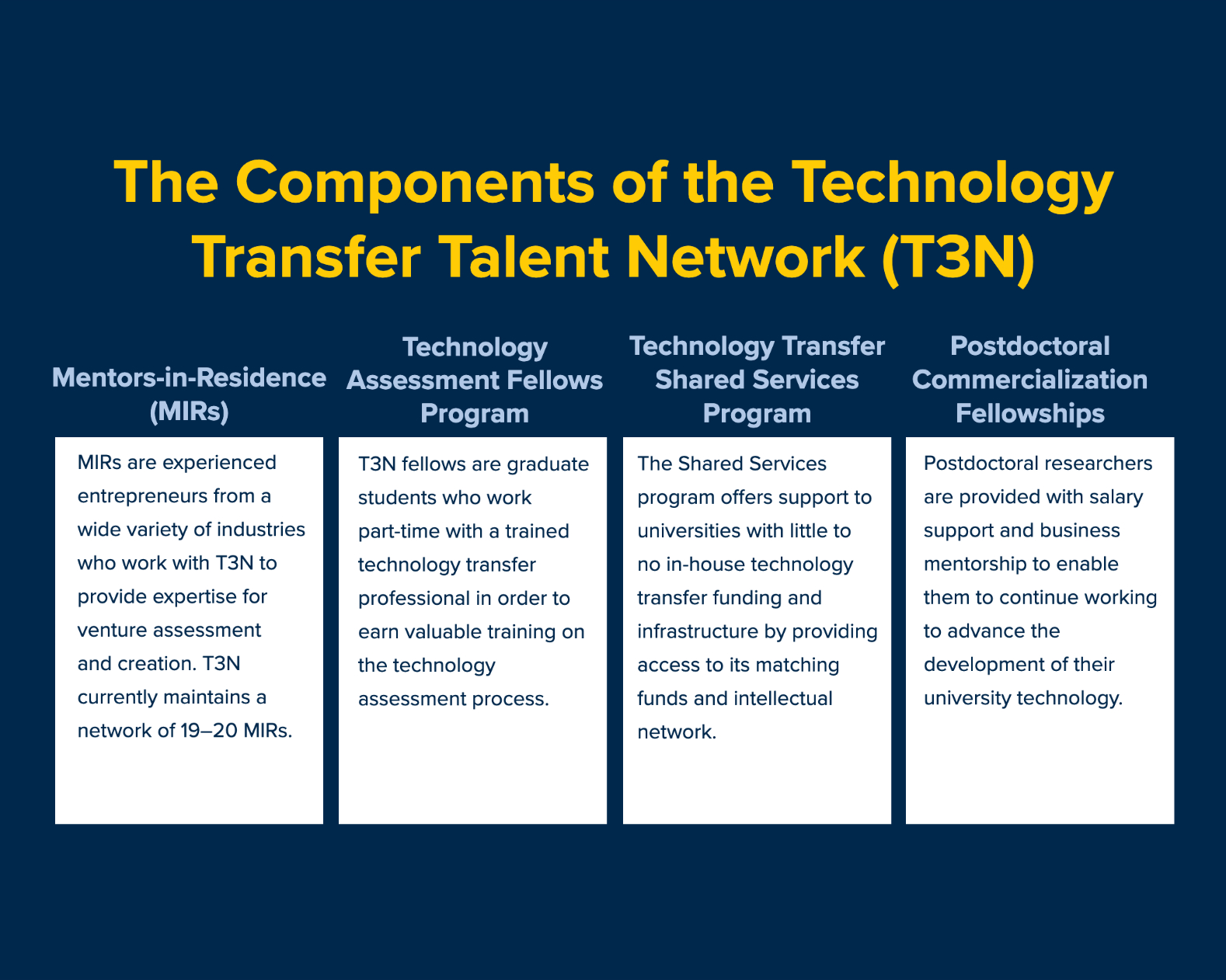 Image of chart of the Components of the Technology Transfer Talent Network. Click for text version. 